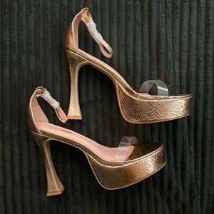 Rose gold, 5 1/2in flared heel, platform dressy sandal